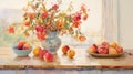 Delicate Flowers: Fresh Peaches And Grapes In Light-filled Kitchen Scene