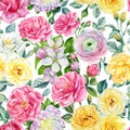 Delicate flowers. Roses, ranunculus, buds and leaves on white background, watercolor floral clipart, seamless pattern Royalty Free Stock Photo