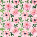 Delicate flowers. Seamless pattern with dahlia, roses, anemones. watercolor floral hand drawn Royalty Free Stock Photo