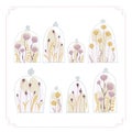 Delicate flowers under a glass dome. Collection in a pastel palette. Vector set in vintage cartoon style Royalty Free Stock Photo