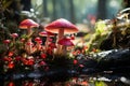 Delicate fly agaric in deep forest glade under the sun rays, captivating with red cap resembling art Royalty Free Stock Photo