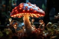 Delicate fly agaric with red cap blooming in enigmatic deep forest glade under bright sun rays Royalty Free Stock Photo