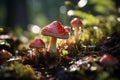 Delicate fly agaric with red cap blooms in bright forest glade, creating a mysterious atmosphere Royalty Free Stock Photo