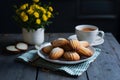 Delicate French pastries, madeleines, beautifully presented on kitchen table