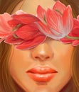 Delicate girl with dark hair and flowers tulips in the style of oil painting Royalty Free Stock Photo