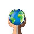 Delicate glass planet in the hands of people of different races isolated on a white background square vector illustration Royalty Free Stock Photo