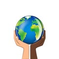 Delicate glass planet in the hands of people of different races isolated on a white background square vector illustration