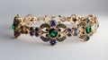 A delicate gold bracelet adorned with shimmering sapphires and emeralds.