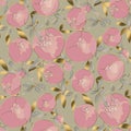 Delicate gold and rosy peonies blossom seamless pattern. Spring peon floral blumming rapport in vintage 60s style.