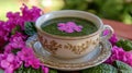 Delicate green soup with edible flowers Royalty Free Stock Photo