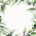 Delicate greenery round frame template watercolor painted. Background with branches, green leaves. Wedding ready design.