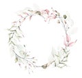 Delicate greenery round frame watercolor painted. Wreath with branches, green and pink leaves. Wedding ready design.