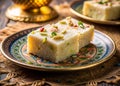 Delicate Gujarati Mohanthal Sweets A LowLight Delight on a Vibrant Patterned Plate Royalty Free Stock Photo