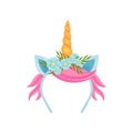 Delicate hair band with a golden unicorn horn, blue ears and pink hair. Vector illustration on white background. Royalty Free Stock Photo