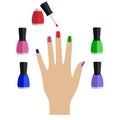 Delicate hand with colorful elements and nail lacquer bottles, white background
