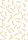 Delicate Hand Drawn Flying Feather Vector Pattern. Golden Feathers on a White Background.