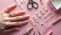 Elegant Manicure Tools Arranged with Dainty Hand on Pink Surface Royalty Free Stock Photo