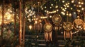 Delicate handmade dream catchers dangle from a bamboo frame accompanied by ling fairy lights and rustic wooden signs
