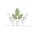 Delicate Hands Nurturing a Budding Plant, Simple Continuous Line Drawing Illustration, Green Leaves Royalty Free Stock Photo