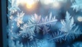 Delicate ice crystals forming fernlike patterns on a windowpane with sunlight shining through Royalty Free Stock Photo