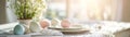 Delicate lace table runner adorns a Nordic Easter table. White ceramic plates are complemented by pastel egg decorations Royalty Free Stock Photo