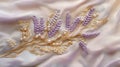 Lavender Embroidery with Pearls on Silk Fabric Background, Delicate Floral Design Royalty Free Stock Photo