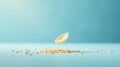 A delicate leaf-shaped object hovering above a pile of small, pale seeds on a light blue background. Generative AI Royalty Free Stock Photo