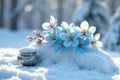 Delicate light blue blossoms resting on a pristine snowdrift, adorned by an antique silver container, capturing a serene winter Royalty Free Stock Photo