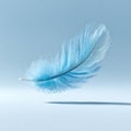 A delicate, light blue feather appears to float against a soft blue background. The Royalty Free Stock Photo