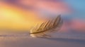 Delicate light brown feather resting gently on soft sand with a warm glowing sunset and pastel sky in the tranquil background for Royalty Free Stock Photo