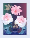Delicate light pink roses and a cosmos flower over the raging ocean. Vertical card in vector Royalty Free Stock Photo