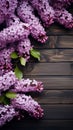 Delicate lilac flowers on rustic wooden plank backdrop, spring\'s purple beauty