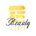 Delicate logo design with abstract golden texture for beauty center. Label with gentle colors. Beauty salon emblem