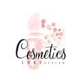 Delicate logo design with abstract pink cosmetic bottle. Label with gentle colors. Beauty salon emblem concept.