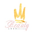 Delicate logo original design for cosmetics shop or boutique with abstract golden crown. Label with gentle colors. Royalty Free Stock Photo