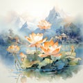 delicate lotus flower in serene watercolor, asian elegance, Generative AI