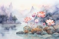 delicate lotus flower in serene watercolor, asian elegance, Generative AI