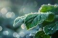 Close-Up of Frosted Leaf with Sparkling Dew Drops in Morning Light and Seasonal Detail Royalty Free Stock Photo