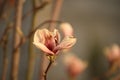 Delicate magnolia flower of unusual pastel color on a branch on a natural garden background.