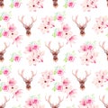 Delicate magnolia flowers and deer seamless vector print