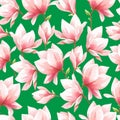 Delicate Magnolia flowers on a green background seamless background
