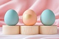 Delicate metal Easter eggs are showcased on a rustic wooden display Royalty Free Stock Photo