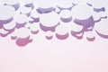 Delicate motion swarm pattern of soar light gradient purple and pink ovals in shining light with soft strict shadows, top view.