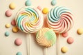 delicate multicolored lollipops for party on beige background