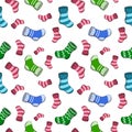 Delicate multicolored warm knitted socks in cartoon style, seamless square pattern