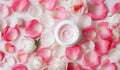 Open Jar of Luxurious Rose-Scented Cream Surrounded by Fresh Pink Petals Royalty Free Stock Photo