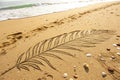 Palm Leaf Drawn in the Sand - Summer Background, Beach Texture, Copy Space, Top View Royalty Free Stock Photo