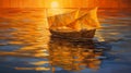 a delicate paper boat in golden sunset in ocean