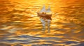 a delicate paper boat in golden sunset in ocean