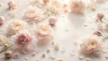 Delicate pastel blossoms and soft white beads arranged on a light background. Generative AI Royalty Free Stock Photo